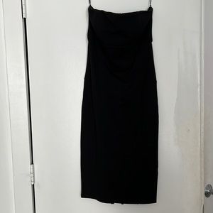 Nordstrom black strapless bodycon midi dress with gold zipper lining the back